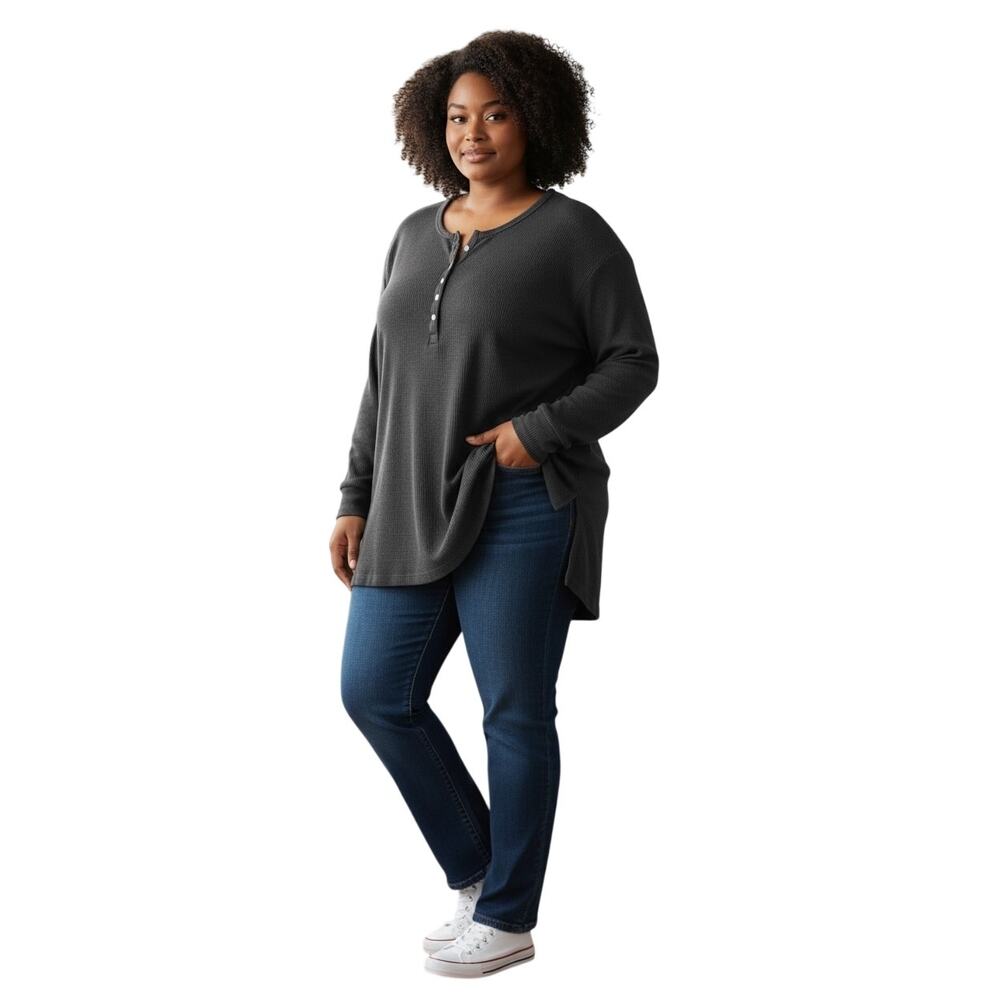 Roaman's Plus SIze 5X Thermal Henley Tunic Charcoal Side Slits 3/4 Sleeve